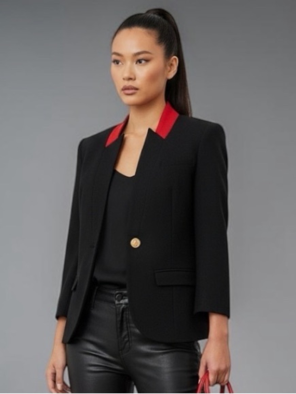 *Smythe Les Vestes Black 100% Wool Blazer Red Collar Gold Button Size 8